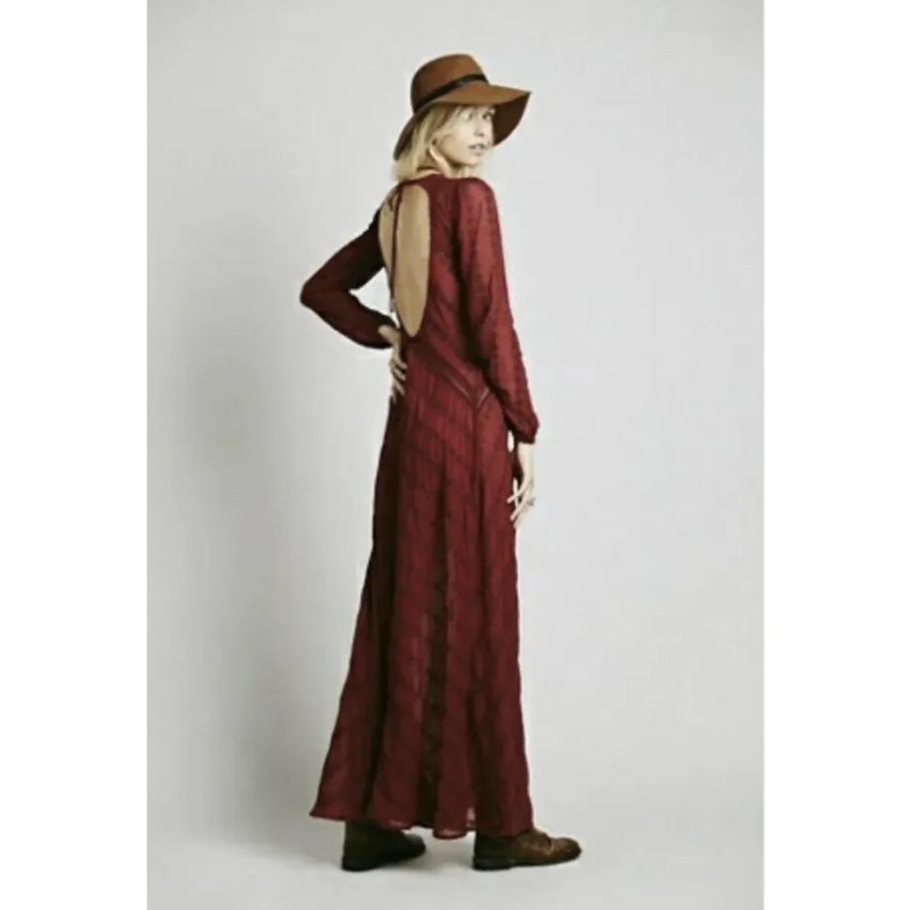 Free People Sandcastles In the Sky Embroidered Open Back Maxi Dress Ruby S